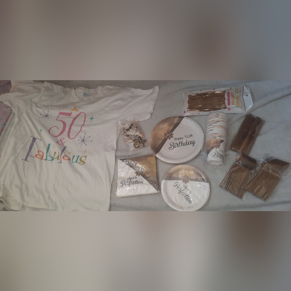 50 & Fabulous Birthday T-Shirt and Party Supplies